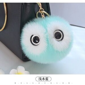 Big pompom keychain Big eye cute Owl keychain, Faux fur-KC036 Turquoise